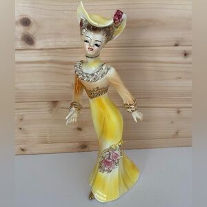 VINTAGE 10” Tall Victorian Lady Figurine Yellow Dress Golden Ruffled Accents